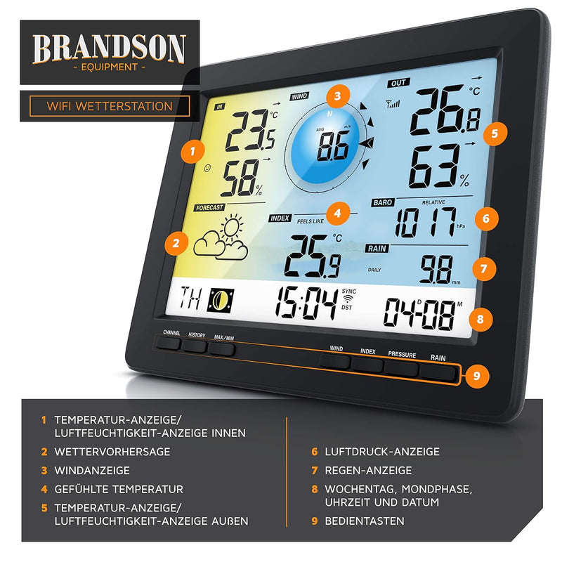 Brandson - Wlan Wetterstation mit 5 in 1 Aussensensor – LCD Farbdispay - Wetterdaten per App WiFi Sm