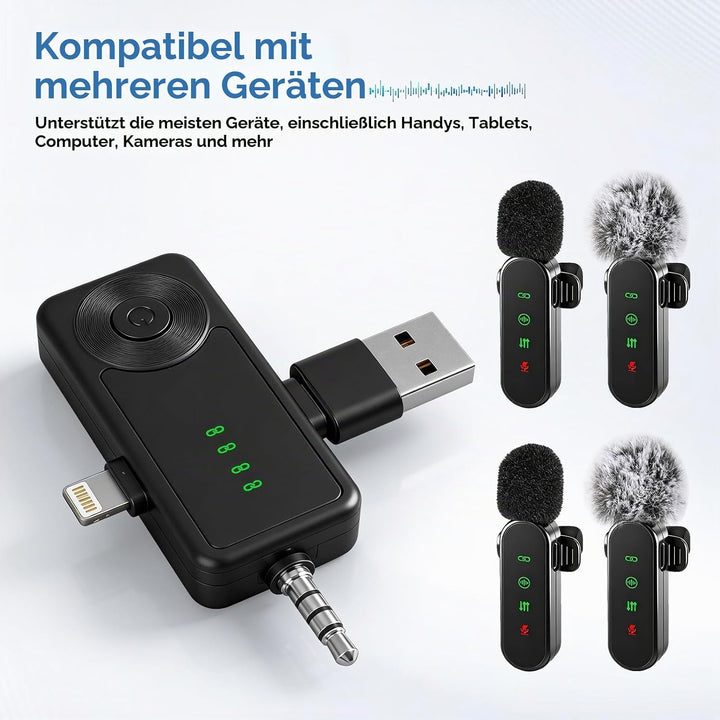 Kabellose Lavalier-Mikrofone mit LED-Anzeige, 4 Stück, Lavalier-Mikrofone, Clip-on-Mikrofon, Auto-Pa