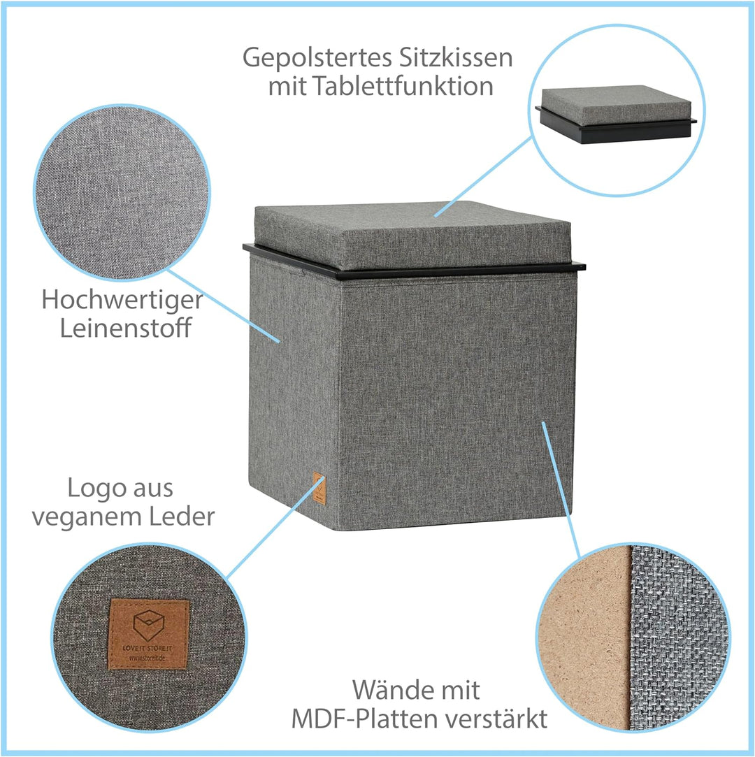 Love IT Store IT Premium 3-in-1 Sitzhocker mit Stauraum - Hocker, Tablett und Aufbewahrungsbox - Aus
