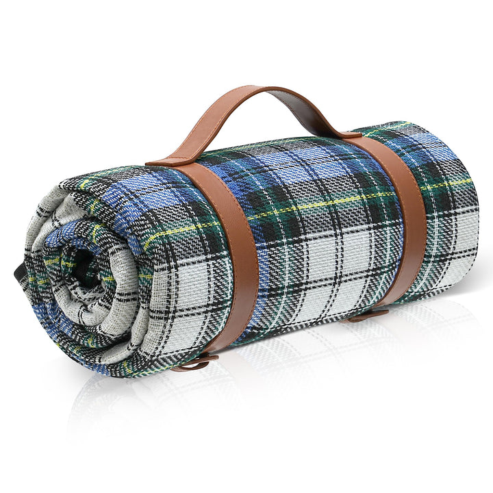 TRIXES XL-Tartan-Picknickdecke – mit hellbraunem Tragegriff – wasserdichte Rückseite – 150 cm x 200