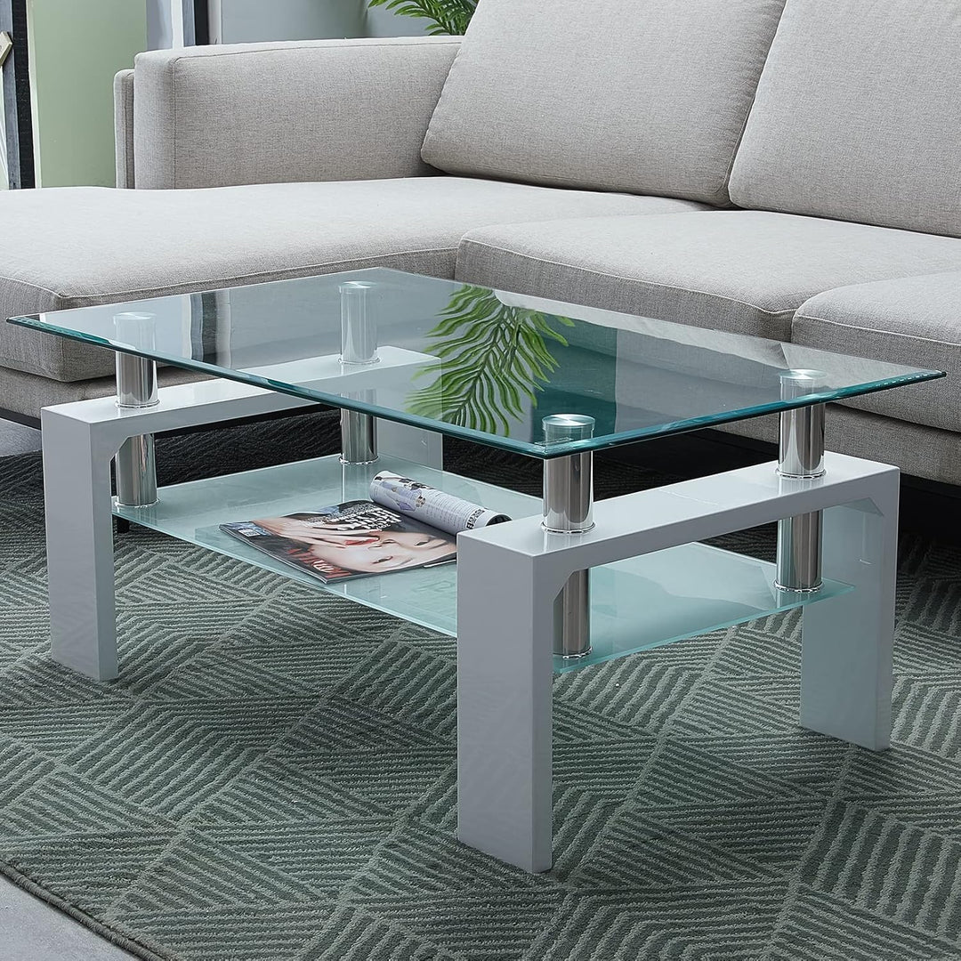 CLIPOP Couchtisch Rechteckig Beistelltisch aus Hartglas,Moderner Sofatisch mit Stauraum,Beistelltisc