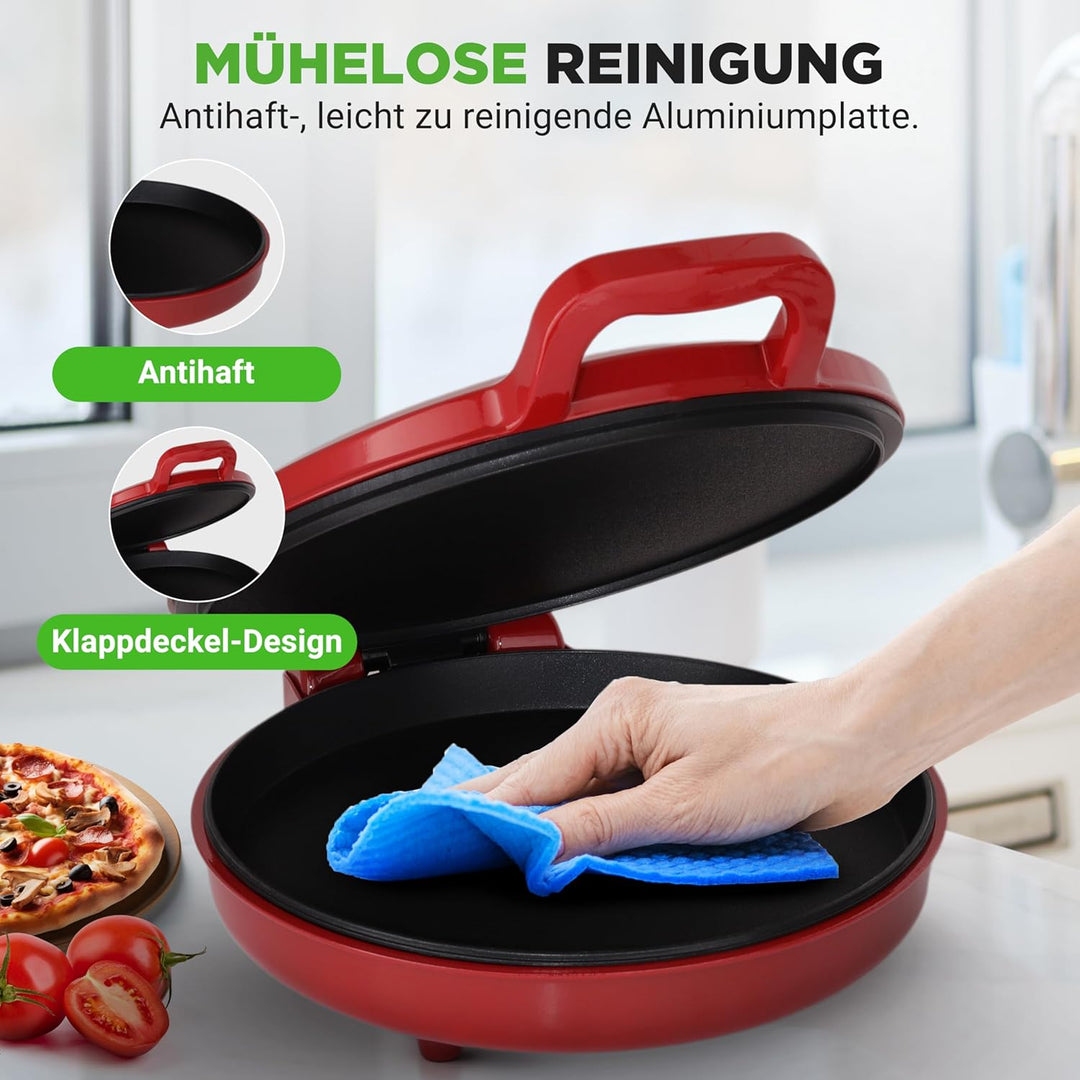 NutriChef Elektrischer Pizzaofen Rot – 1500W Kompaktgerät für 30cm Pizza Antihaftplatte für Pizza, T