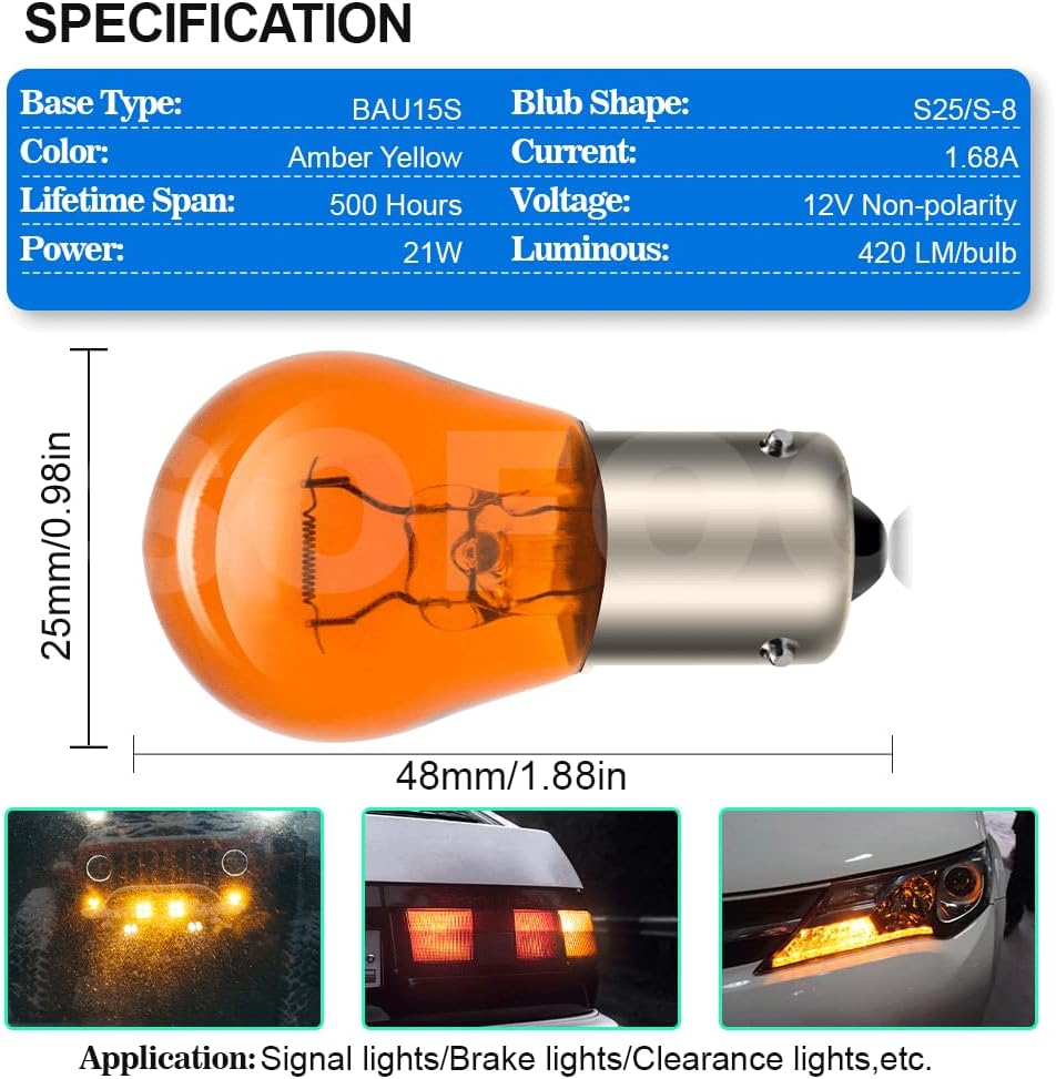 SOFOC PY21W 12V 21W BAU15S Amber Gelb Blinker Kontrollleuchte 150°-Offset-Stift Einfachkontakt/Strah