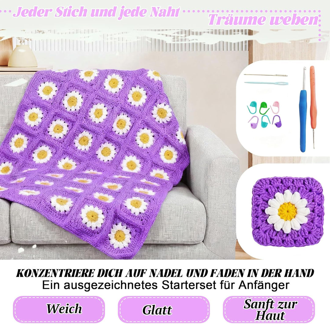 Haayymo Granny Square Decke Häkelset für Anfänger Kinder, Starter Häkelset mit Häkelnadeln, 5 Ply Hä