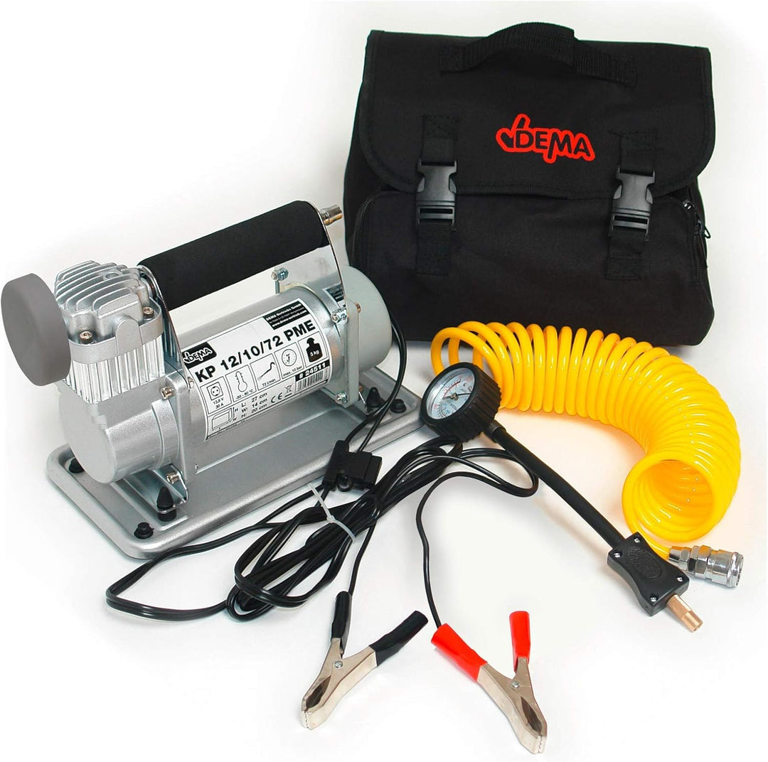12 Volt Mobiler Kompressor mit Zubehör Tasche Reifenfüller Spiralschlauch usw.