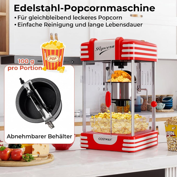 COSTWAY Retro Popcornmaschine, Popcorn maschine mit Warmhaltelicht & Edelstahlkessel & integriertes