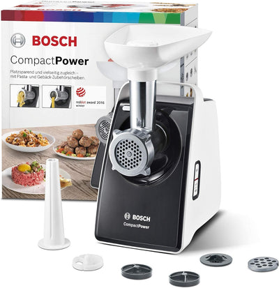 Bosch Fleischwolf CompactPower MFW3612A, elektrisch, Wurstaufsatz, Edelstahl Loch-Scheiben 4mm + 8mm