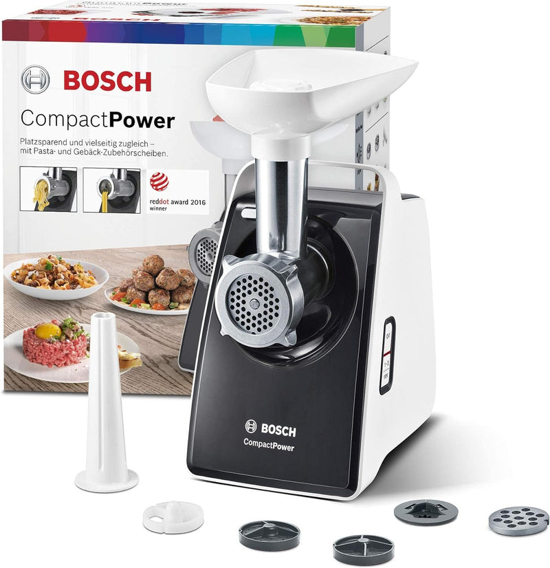 Bosch Fleischwolf CompactPower MFW3612A, elektrisch, Wurstaufsatz, Edelstahl Loch-Scheiben 4mm + 8mm