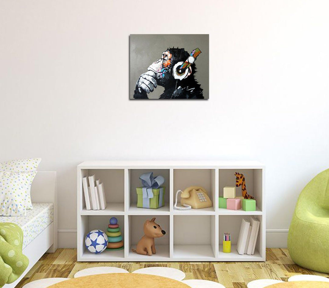 Fokenzary Handgemaltes Ölgemälde auf Leinwand Pop Art Putziger Schimpanse hört Musik mit Kopfhörer m