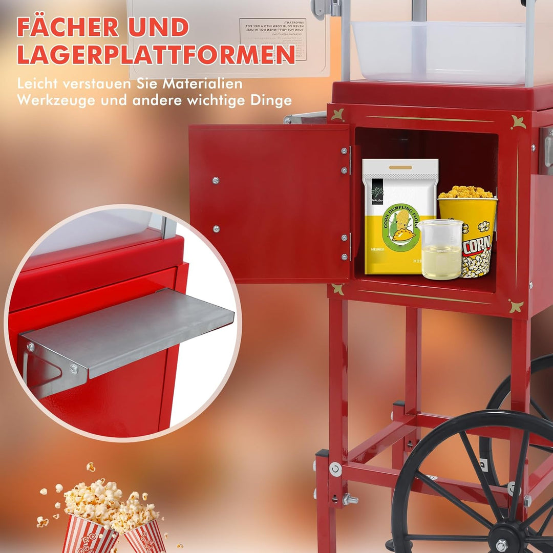 Popcornmaschine mit Wagen 8 OZ Kessel Popcornmaschine Gross,Entnehmbarer Topf Popcornmaker Retro Pop