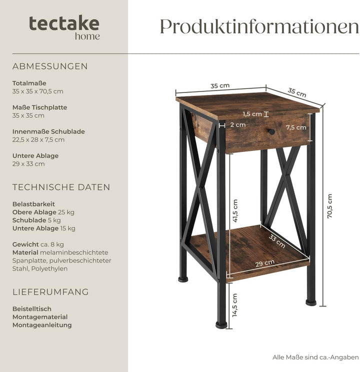 tectake Beistelltisch mit Schublade und Ablageflächen, Nachttisch Boxspringbett, Industrie-Design, 3