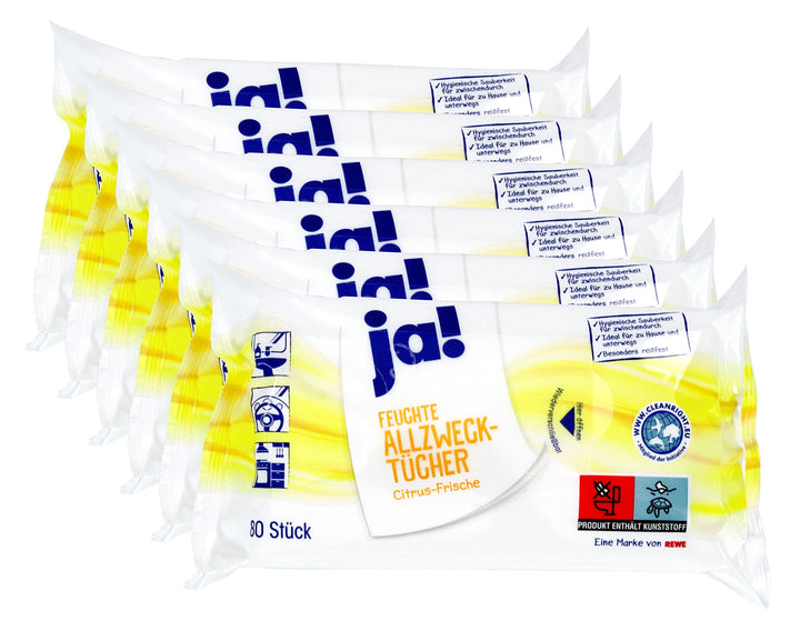 ja! 480 Feuchte Reinigungstücher in Spenderverpackung 80 Stück - Mit frischem Zitronenduft (6x80 Stü