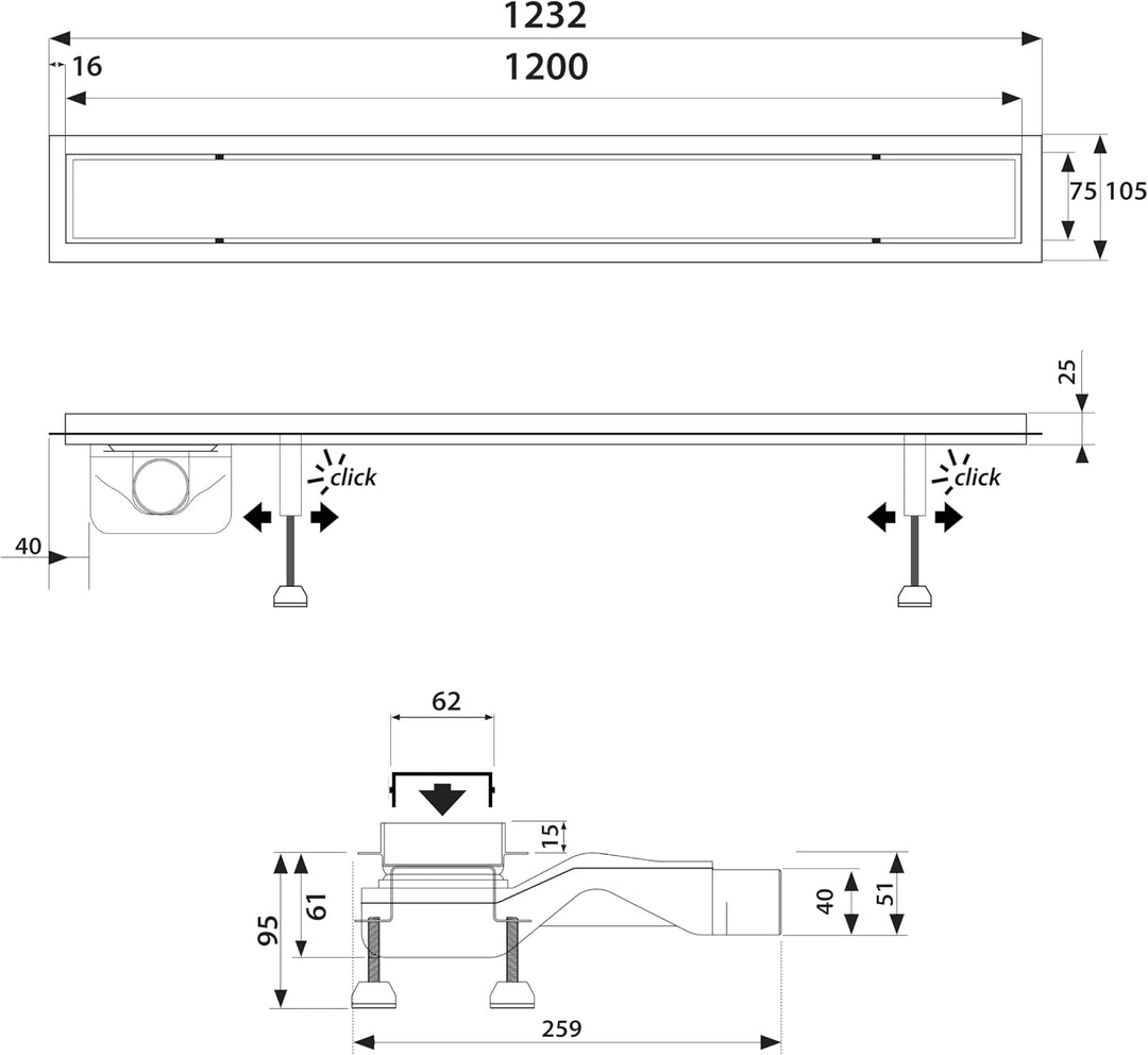 extraflache Edelstahl Duschrinne Complete Basic HG Länge: 120 cm Inkl. Blende Klassisch-Hochglanz Ab