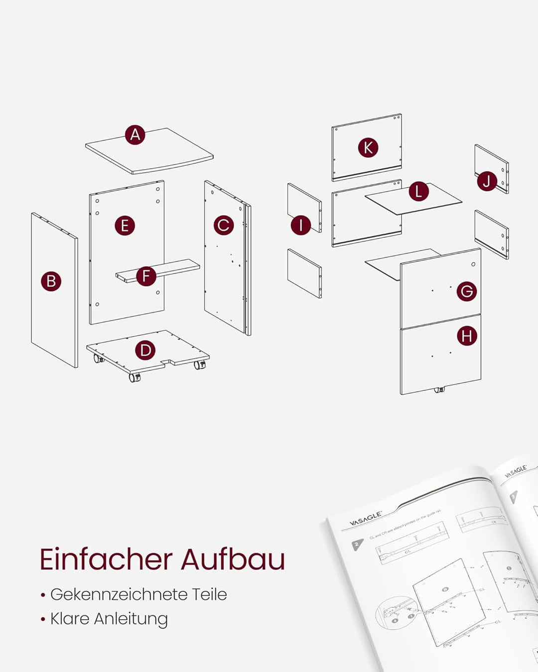 VASAGLE Rollcontainer mit Schloss und Schubladen, abschliessbarer Aktenschrank mit Verstellbarer Hän