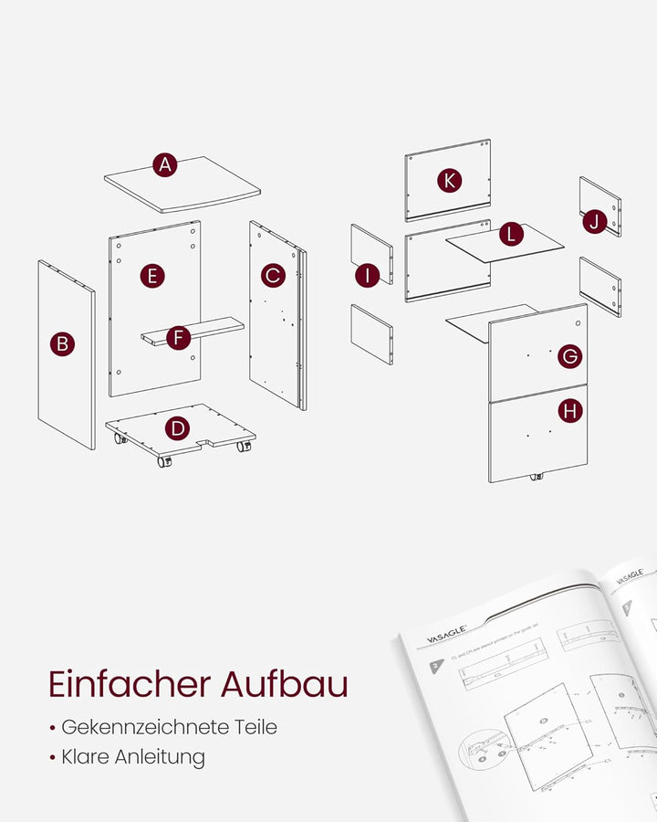 VASAGLE Rollcontainer mit Schloss und Schubladen, abschliessbarer Aktenschrank mit Verstellbarer Hän