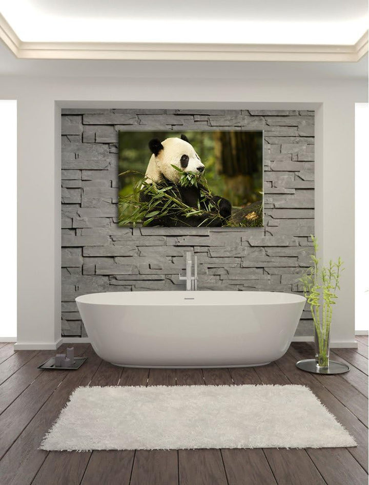 Pandabär beim Fressen Leinwand, XXL riesige Bilder fertig gerahmt mit Keilrahmen, Kunstdruck auf Wan