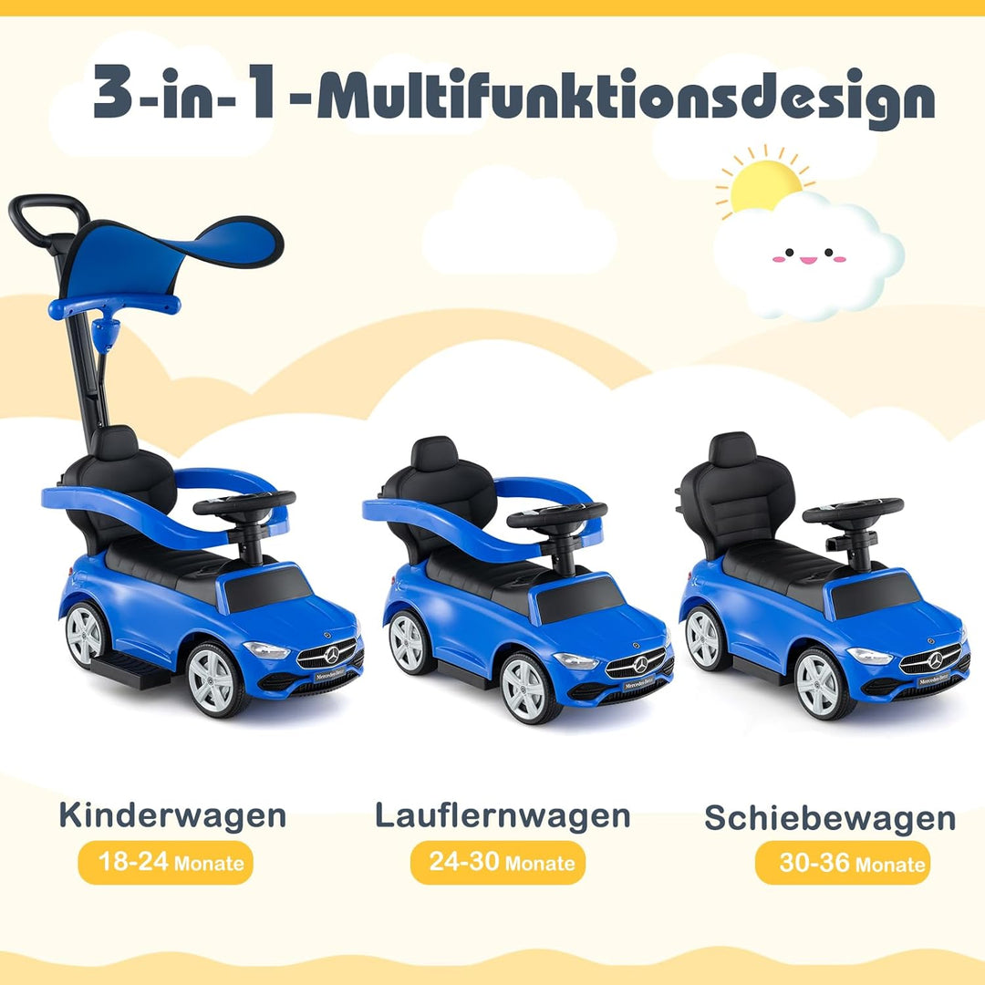 COSTWAY Mercedes-Benz Rutschauto, 3-in-1 Rutschfahrzeug mit Schiebegriff, Stauraum & Lenkschieber, S