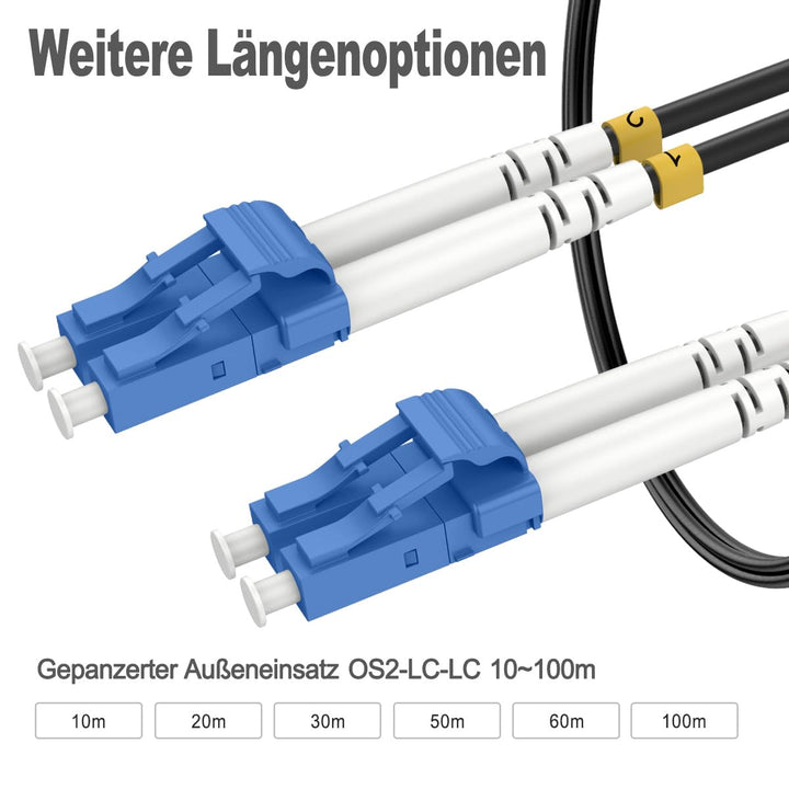 30m Gepanzerte Glasfaser-Kabel OS2 LC auf LC Duplex Singlemode, LWL-Kabel für den Innen- und Aussenb