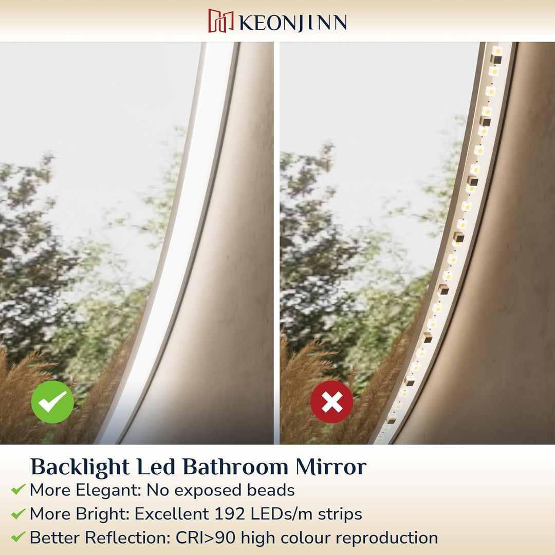 Keonjinn Badspiegel mit Beleuchtung Rund 60cm, Badezimmerspiegel mit Beschlagfrei Touch Schalter Spe