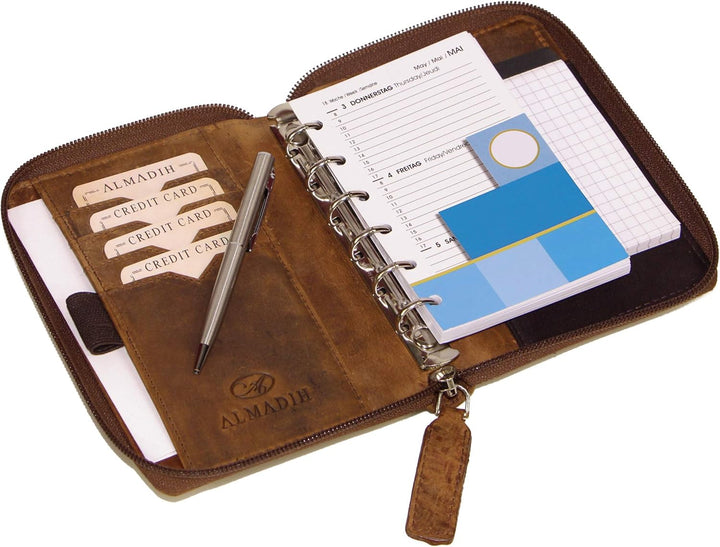 ALMADIH Leder A7 Organizer mit Reissverschluss Kalender 2024 Notizblock Premium Rindsleder Vintage G
