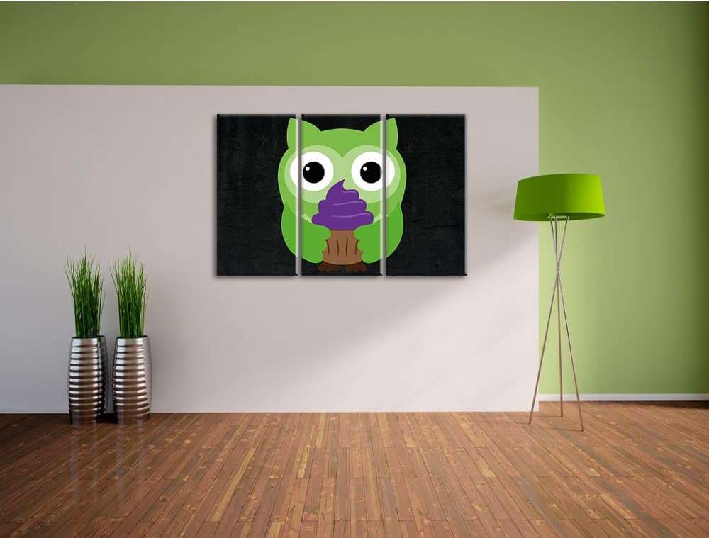 Pixxprint Eule mit Cupcake als Leinwandbild/Grösse: 3 Teilig (120x80) cm/Wandbild/Kunstdruck/fertig