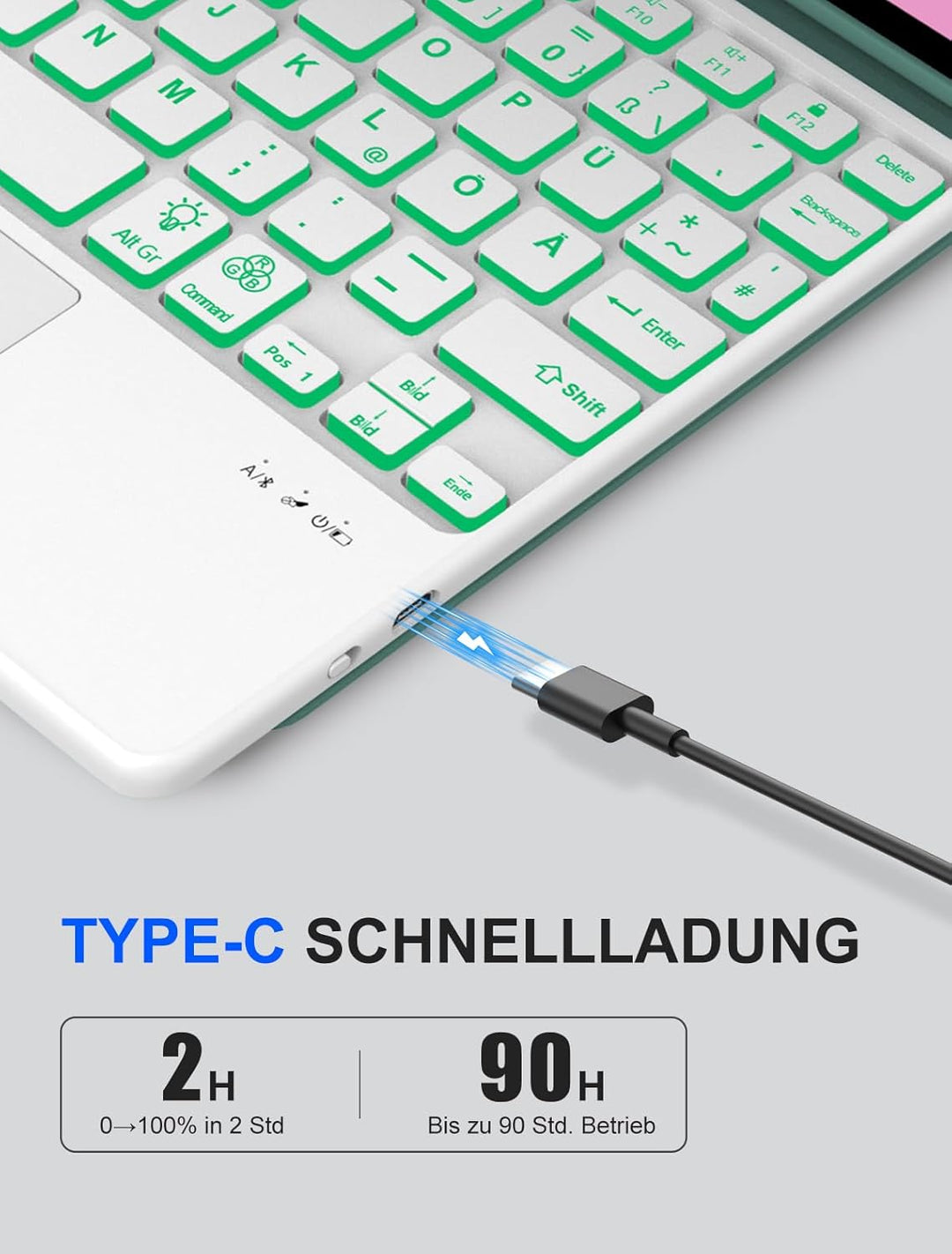 JADEMALL Für Idea Tab 11" TB336FU Hülle mit Touchpad &amp; Beleuchtung QWERTZ | Mit 7-Farben Beleuchtung