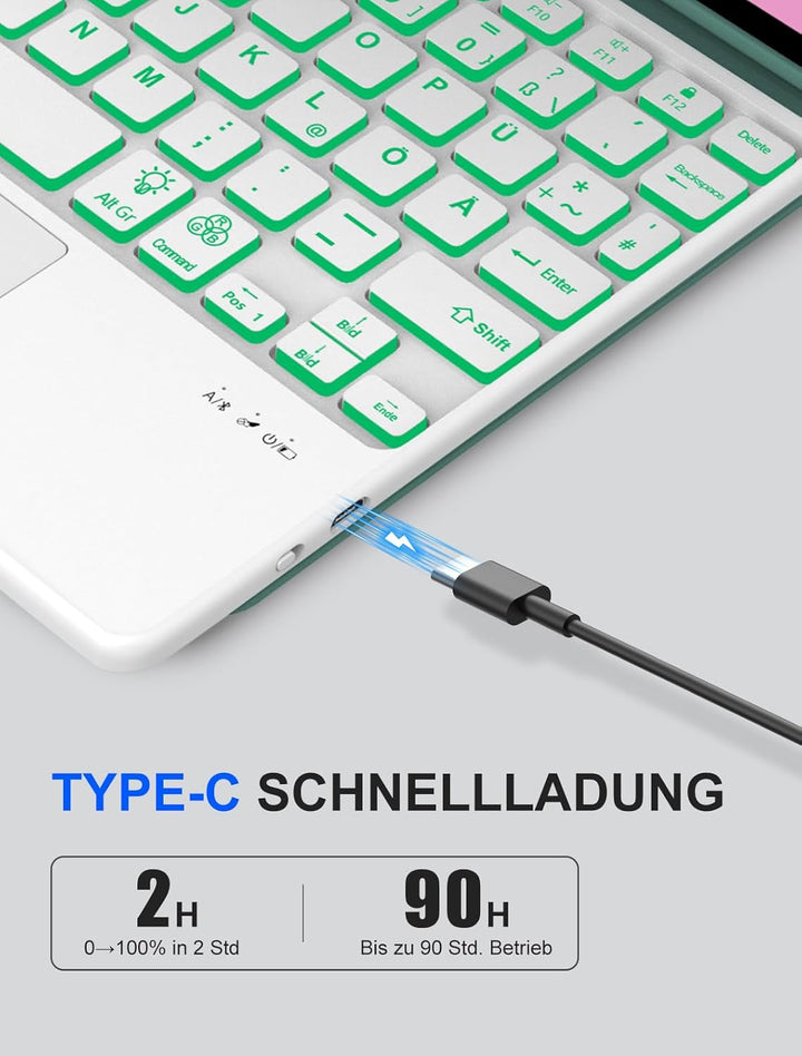 JADEMALL Für Idea Tab 11" TB336FU Hülle mit Touchpad &amp; Beleuchtung QWERTZ | Mit 7-Farben Beleuchtung