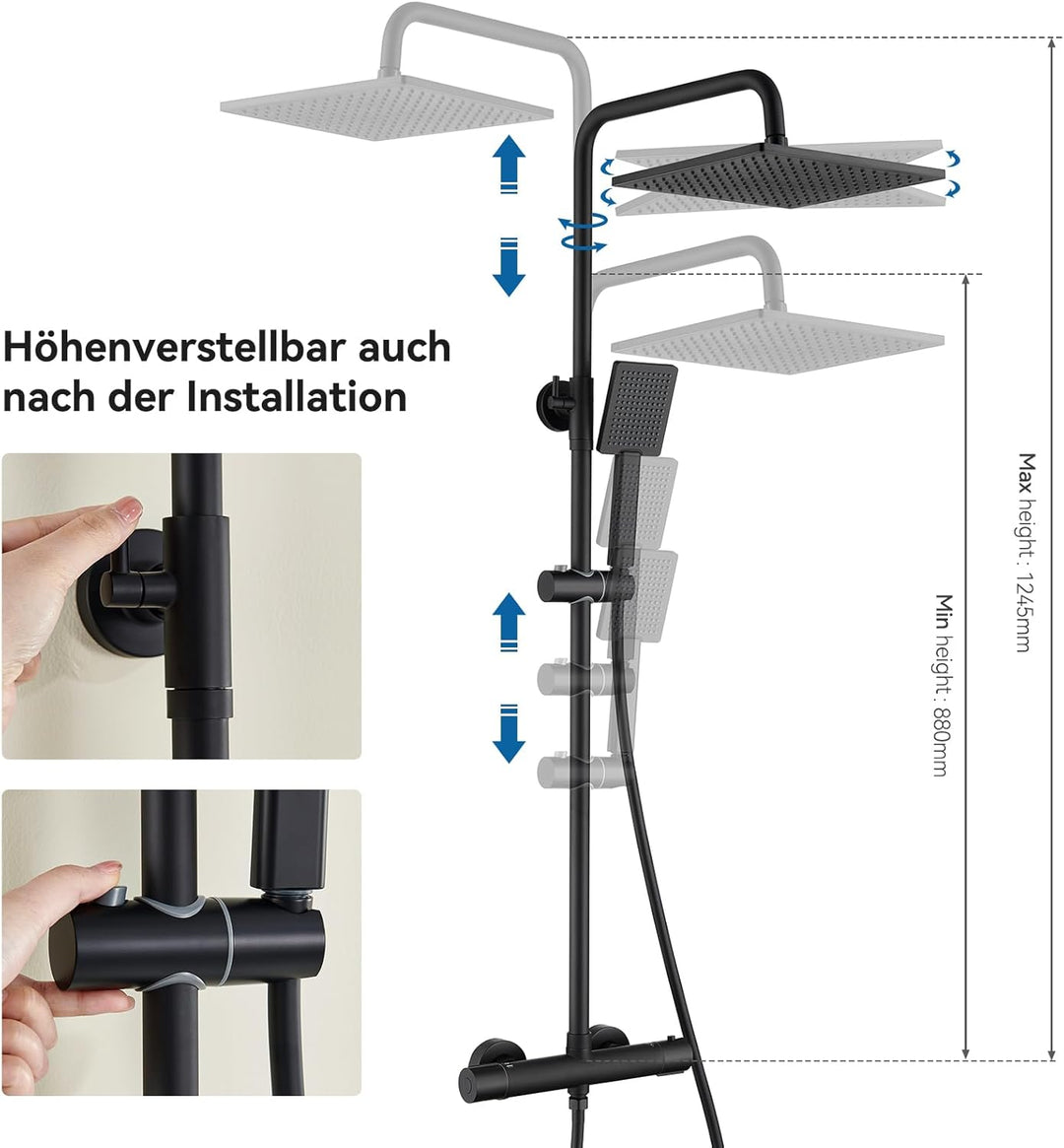 Auralum Duschsystem mit Verbrühschutz-Thermostat Armatur, Duscharmatur Komplettset Schwarz, 25x25cm