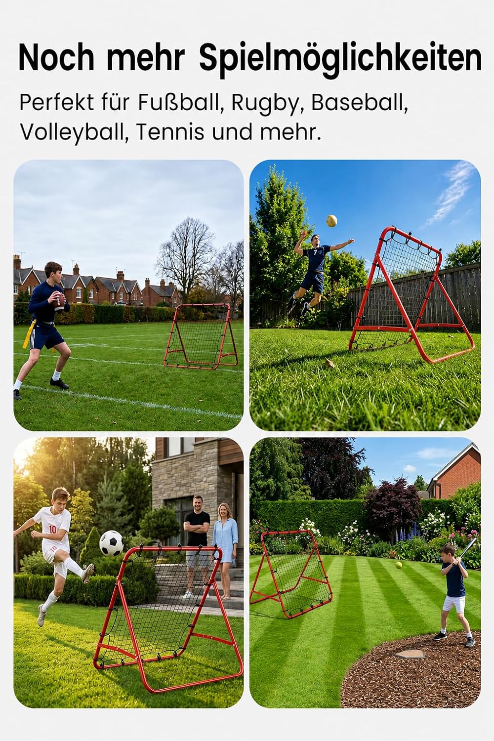 Fussball Rebounder 100 x 100 cm, klappbar, verstellbar, mit Bodenankern | Stahlrahmen, robustes PE-N