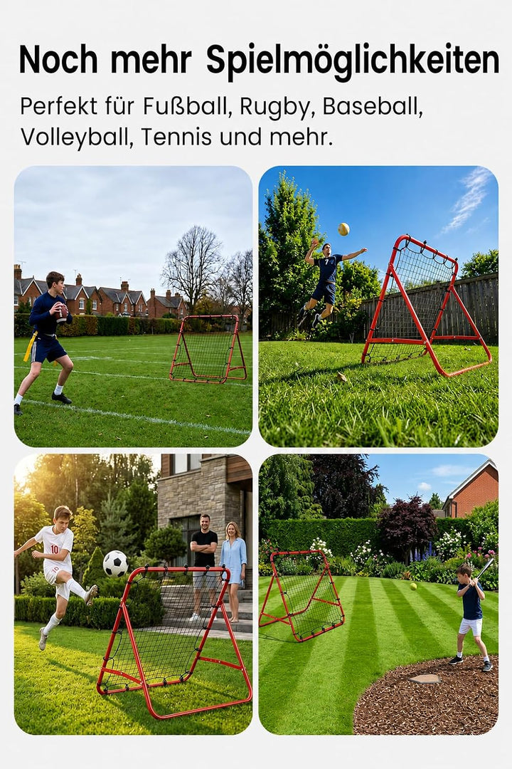 Fussball Rebounder 100 x 100 cm, klappbar, verstellbar, mit Bodenankern | Stahlrahmen, robustes PE-N