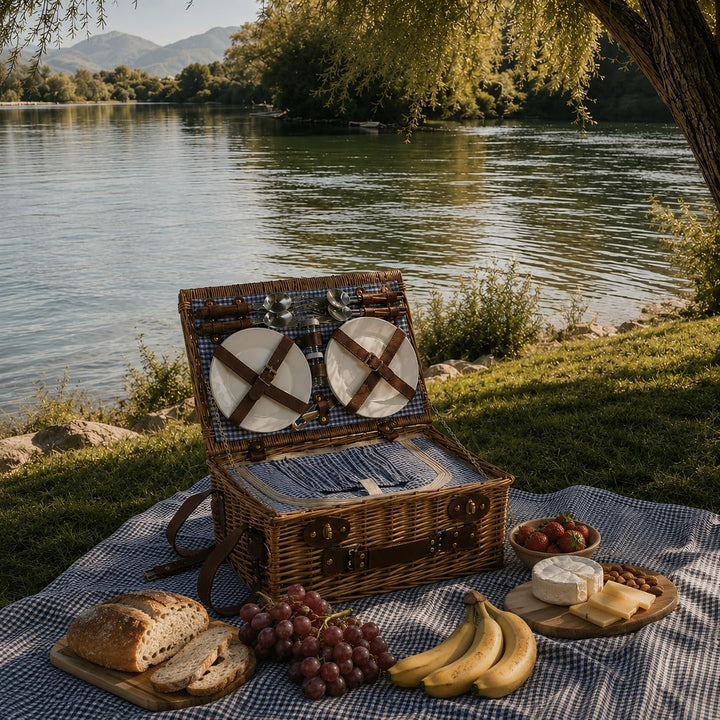 Wicker Picknickkorb Set für 2-4 Person mit Kühlfach und wasserdichte Picknickdecke, Abnehmbarer Riem