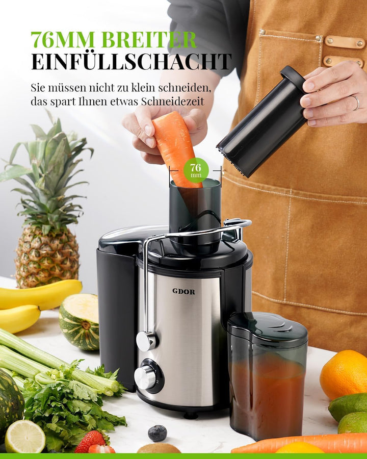GDOR Entsafter 800W Juicer aus Edelstahl 76mm Grossem Mund Entsafter Gemüse und Obst 3 Geschwindigke