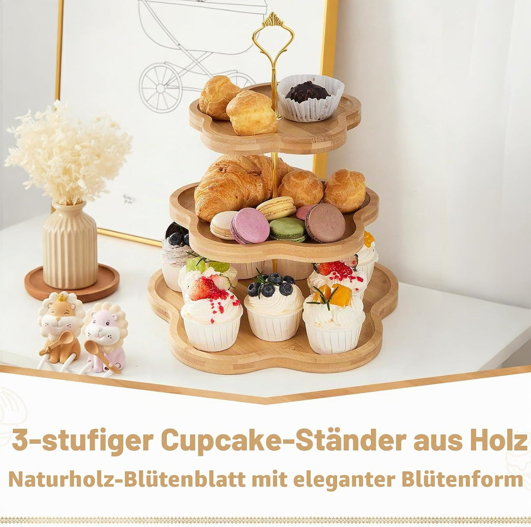 DUJUST Eleganter Holz-Cupcake-Ständer mit 3 Ebenen und Blumenform-Design, Bambus-Etagere für Cupcake