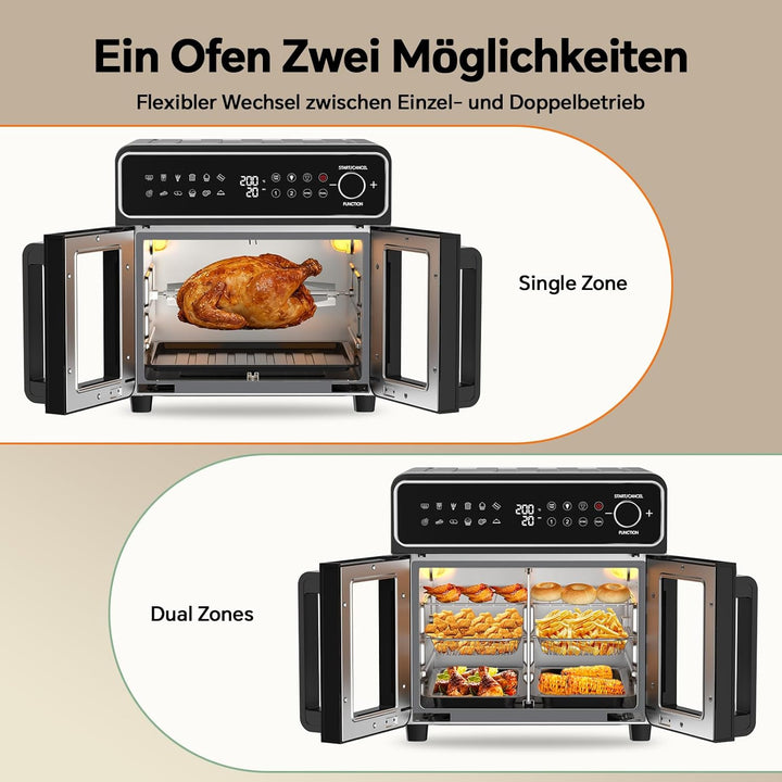 Emphsism Heissluftfritteuse XXL 23L - Mini Backofen Variable Flex-Zone, French Door Airfryer 2 Kamme