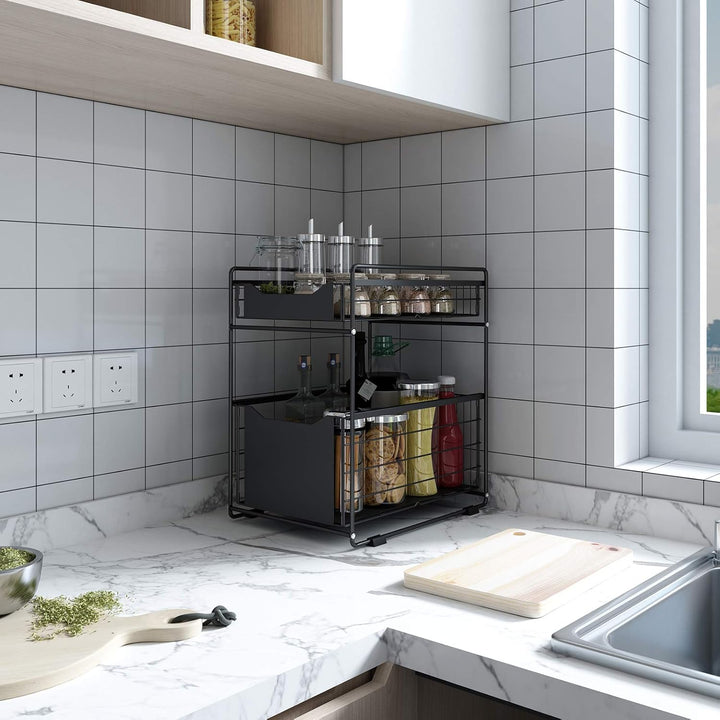 DAWNYIELD 2 Tier Organizer mit Speicher Unter Waschbecken Schiebeschrank Korb herausziehen Snack Org