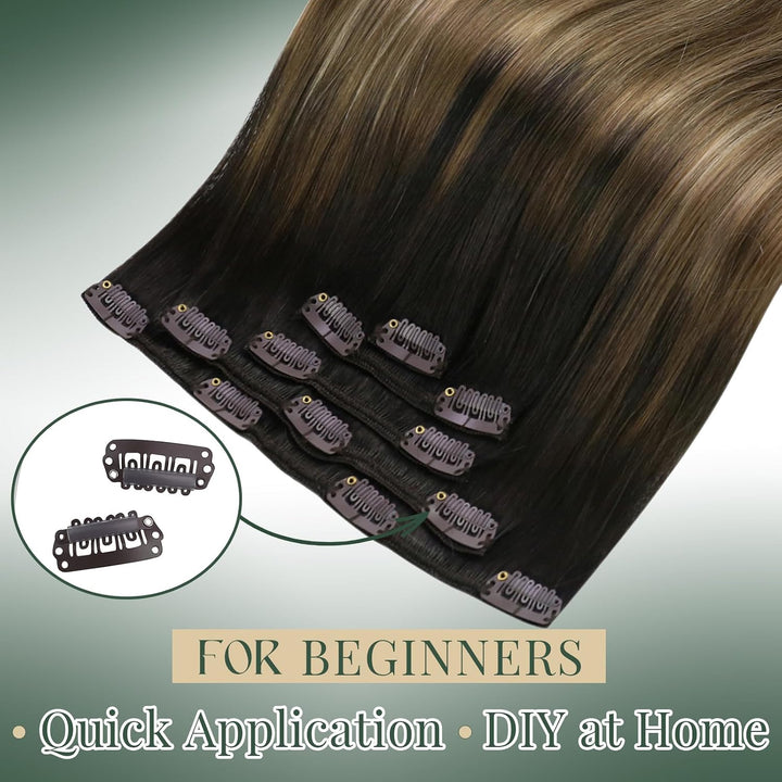 Ugeat Clip in Extensions Echthaar Balayage Braun Glatt Clip in Haarverlängerung Mittelbraun Balayage