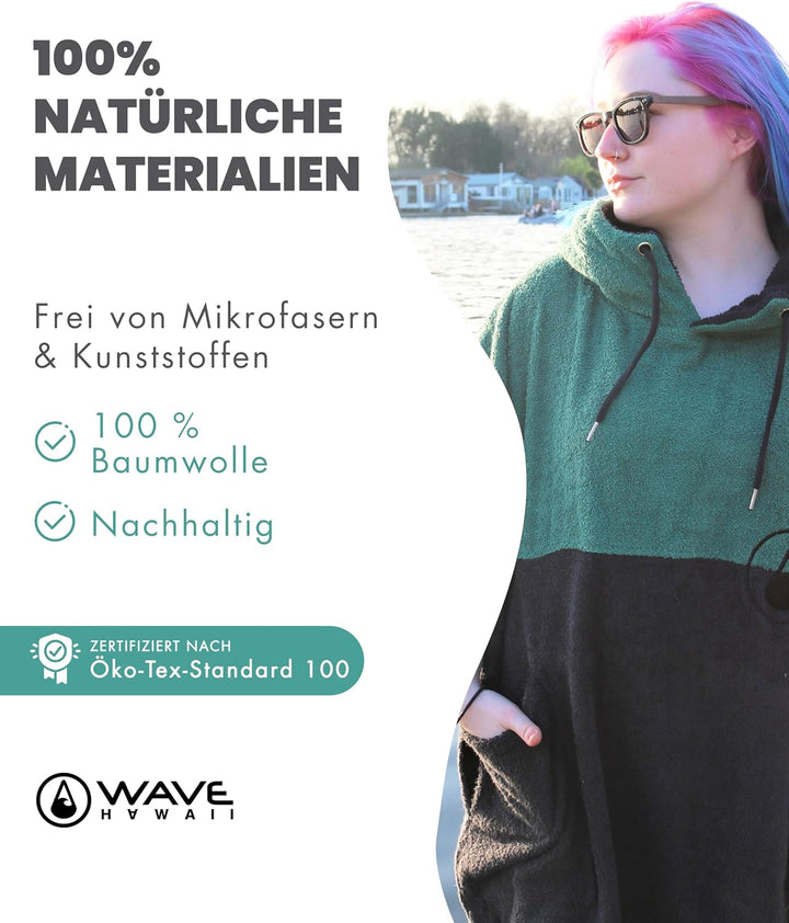 WAVE HAWAII Poncho Move Surfponcho 100% Baumwolle für Körpergrössen von 170-200 cm Umkleidehilfe für