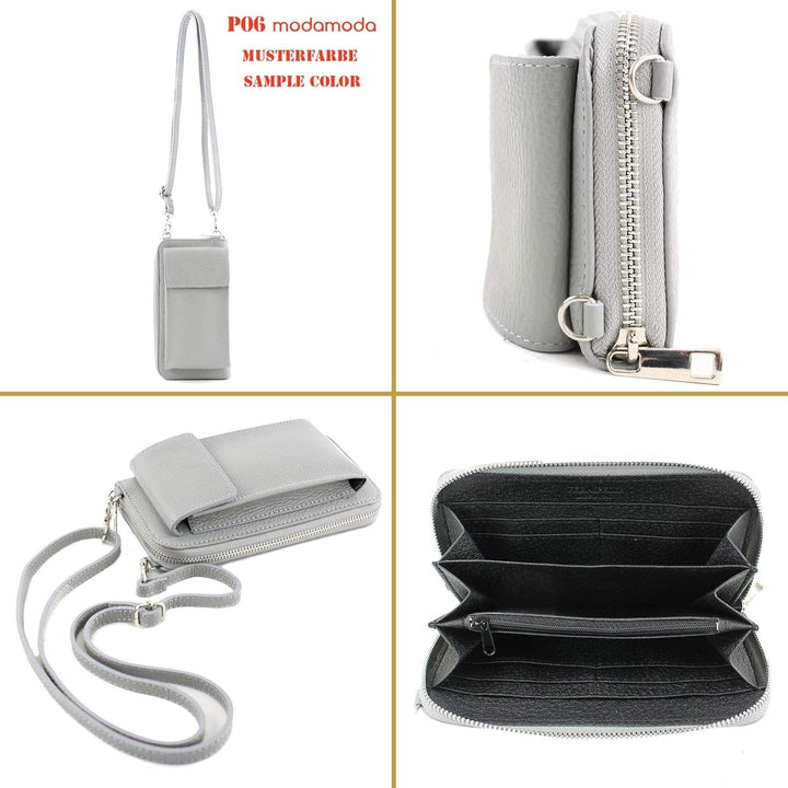 modamoda de - P06 - ital. Damen Umhängetasche Geldbörse Handytasche Leder Cognac, Cognac