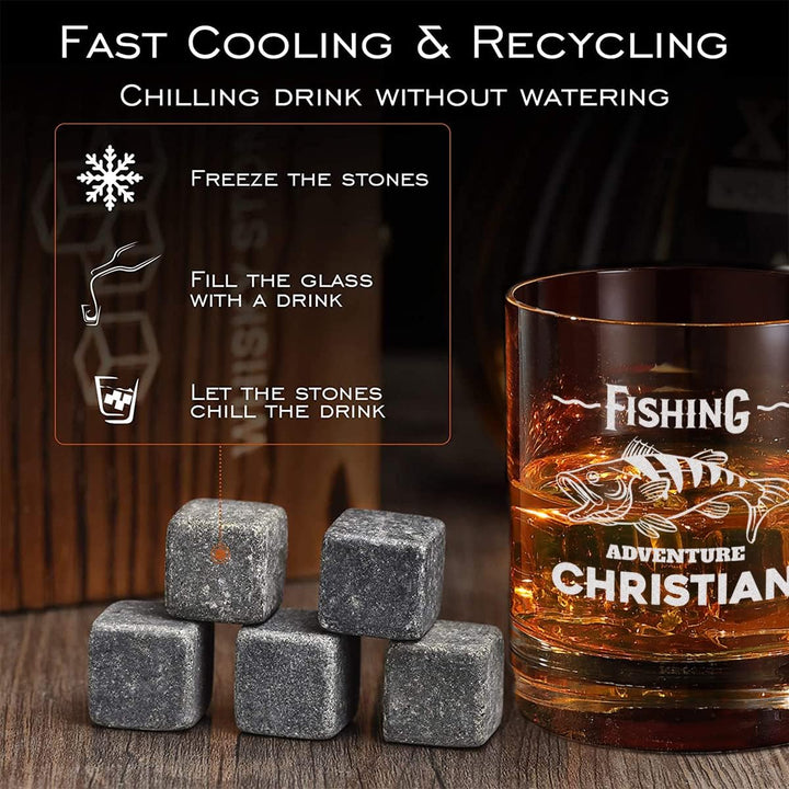 5-TLG Whisky Steine Geschenkset - mit personalisierter Wunschgravur - 9x Eiswürfel, 1x Holzkiste, 1x