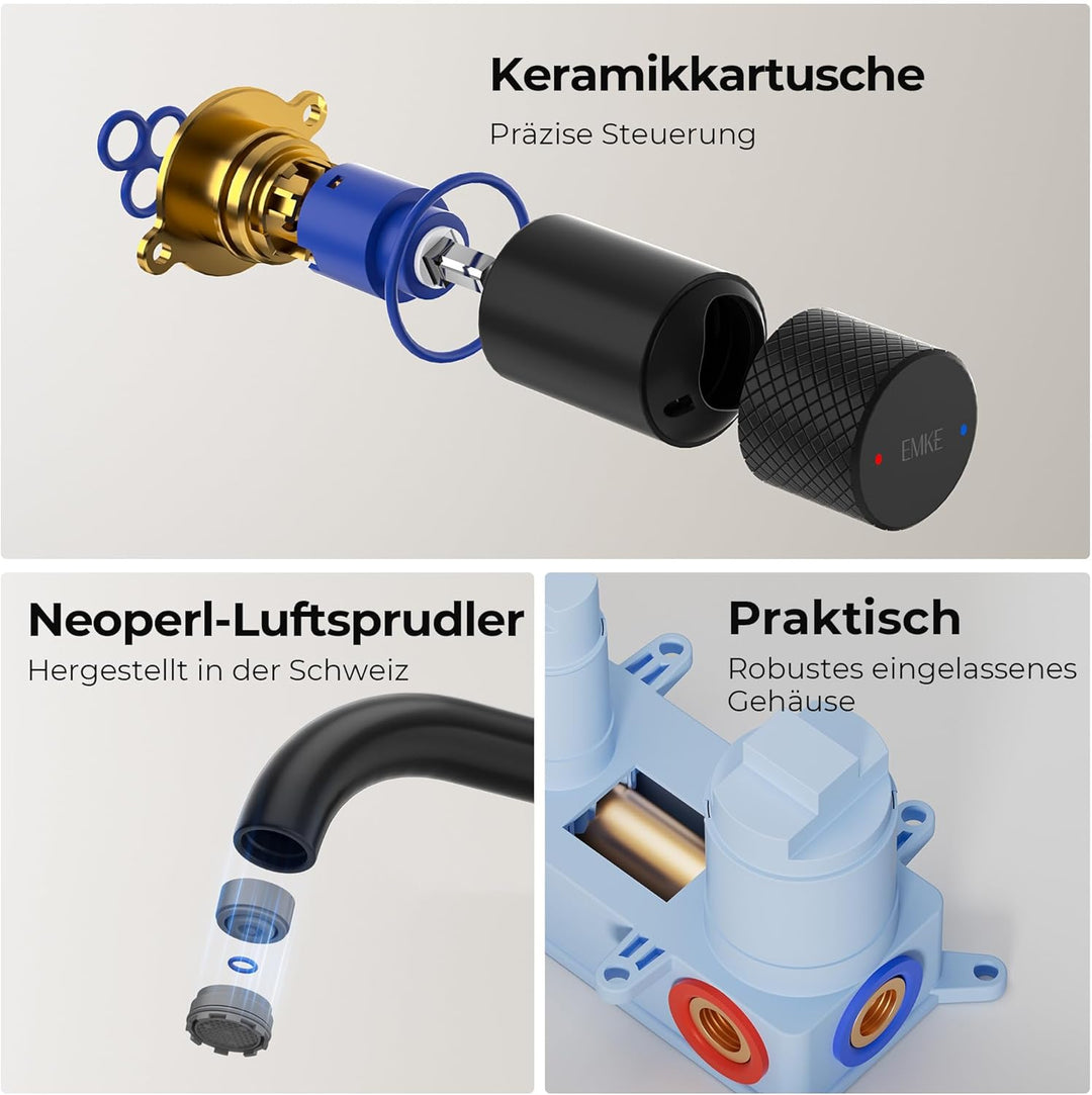 EMKE Waschtischarmatur Unterputz für Wandmontage, Wasserhahn Bad Unterputz, Mischbatterie Waschbecke
