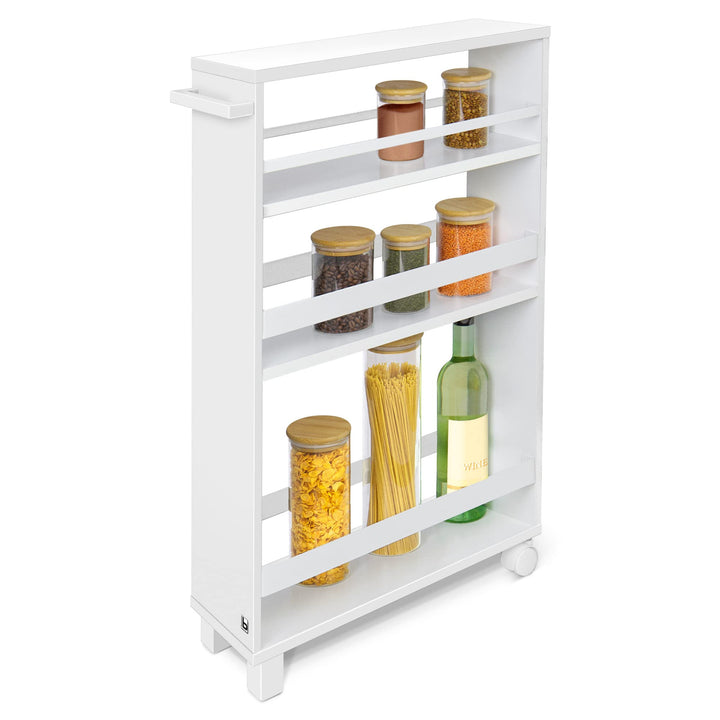 bomoe Nischenregal 15cm breit – Küchenwagen Küchenregal Schmal – Rollwagen Schmal 3 Fächer & Arbeits