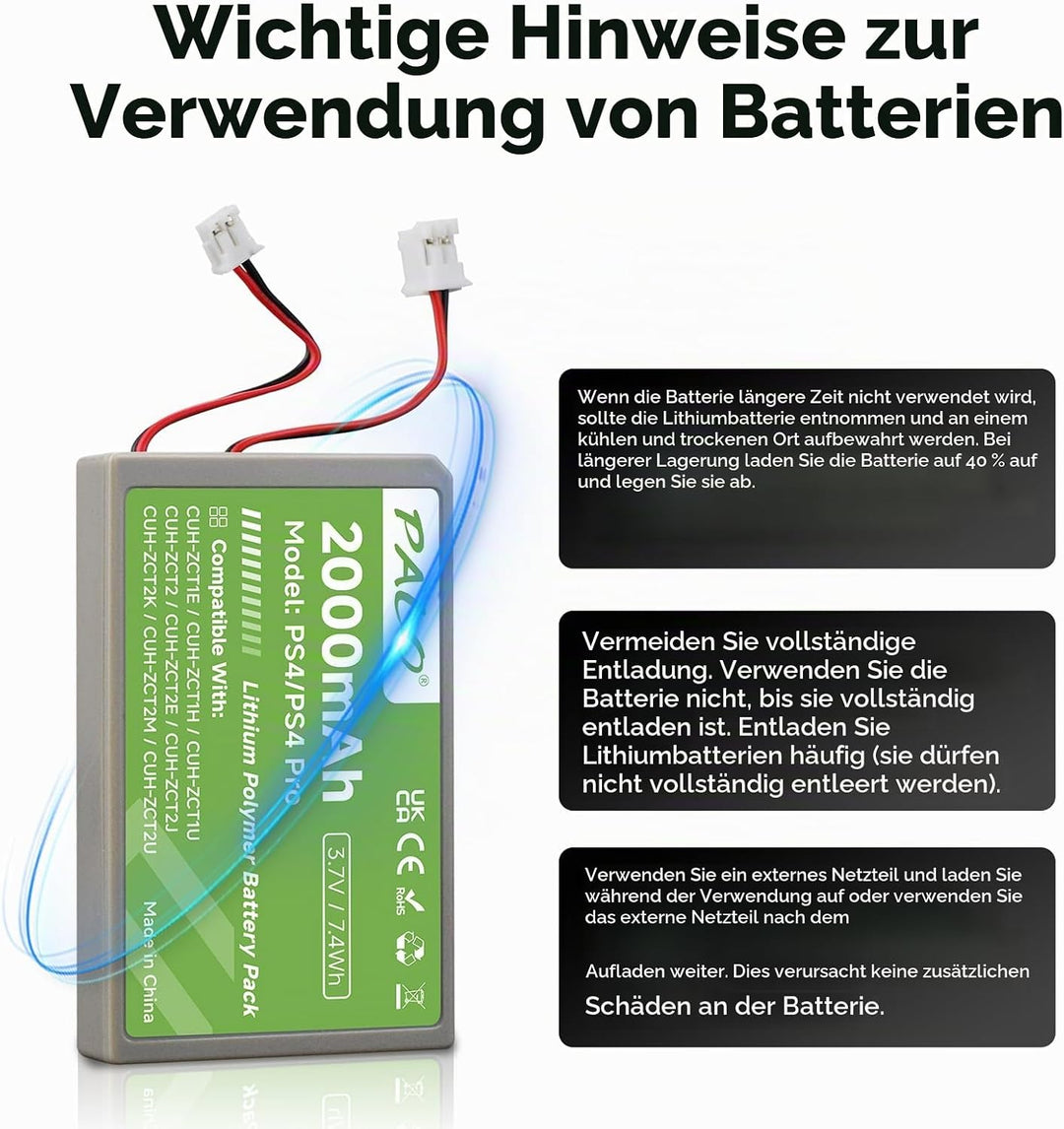 PS4 Akku 2000mAh Ersatz für Sony PS4/PS4 Pro/PS4 Slim PS4 Dualshock 4 Controller CUH-ZCT1E CUH-ZCT1H