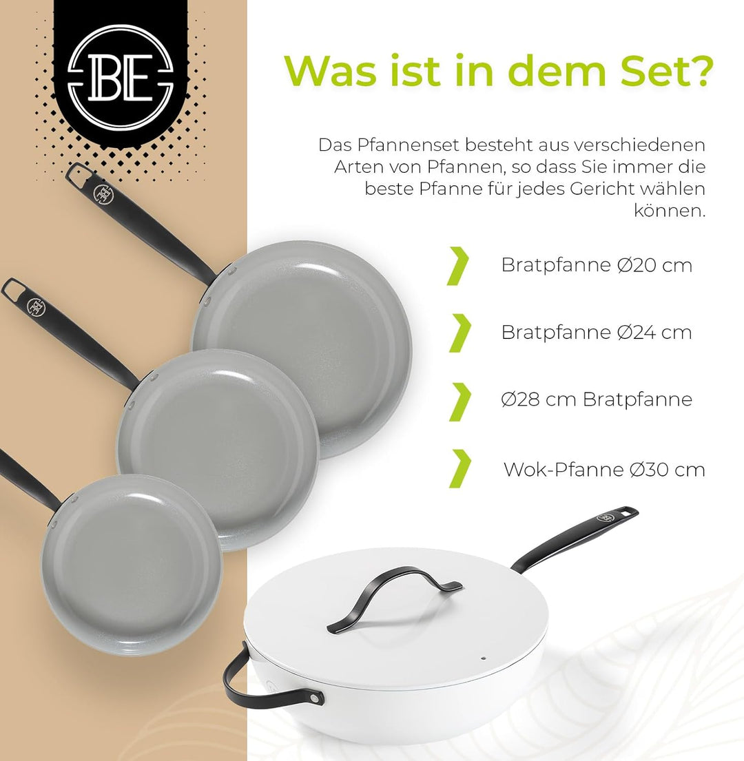 Be Living Essential Pfannenset 4-teilig, Bratpfanne 20/24/28 cm + Wokpfanne 30 cm mit Deckel, Non St