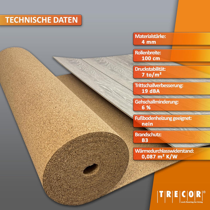 Trittschalldämmung TRECOR Rollenkork - Stärke 4 mm - Akustik Tritt- und Gehschalldämmung für Laminat