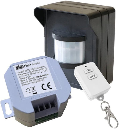 PD-546 DIW-FUNK Set Bewegungsmelder IP44 mit Funk-Einbau Empfänger 230V Funkschalter + Funk-Keysende