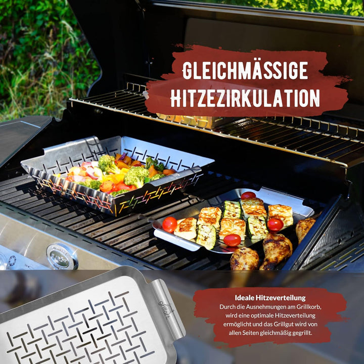grillart® Premium Grillschale Edelstahl (2er Set), Fisch Grillkorb und Grillschale für Spiesse verwe