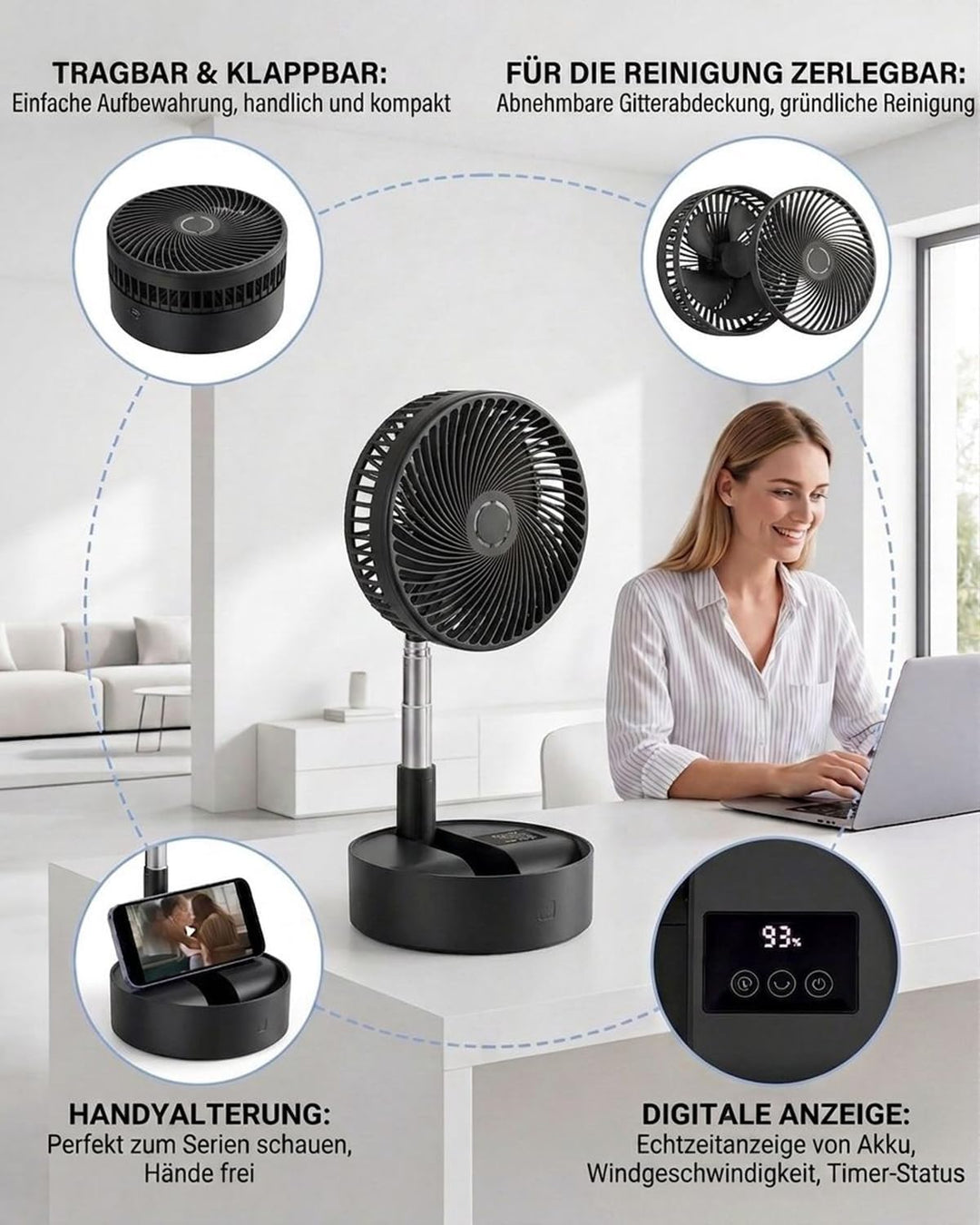 Leise 8" Tragbarer Standventilator mit Fernbedienung, 8000mAh Akku Aufladbar USB C Tischventilator,