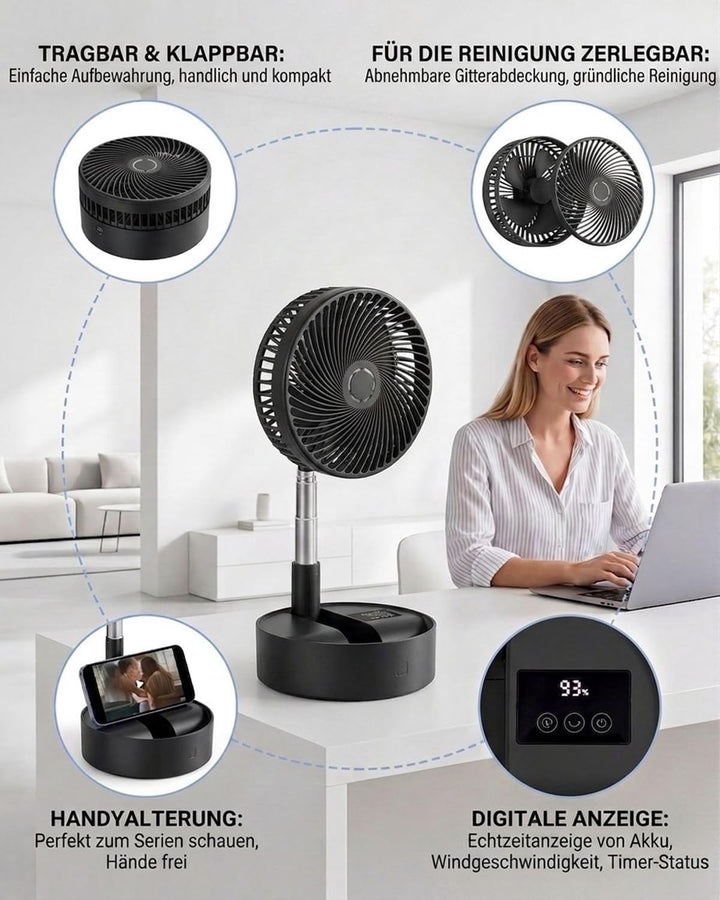 Leise 8" Tragbarer Standventilator mit Fernbedienung, 8000mAh Akku Aufladbar USB C Tischventilator,