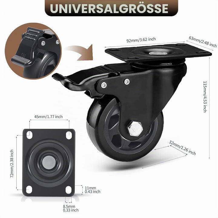 RRIUTO 4 Lenkrollen mit Bremse, 75 mm Transportrollen mit Bremse Strandkorbrollen Möbelrollen für Mö