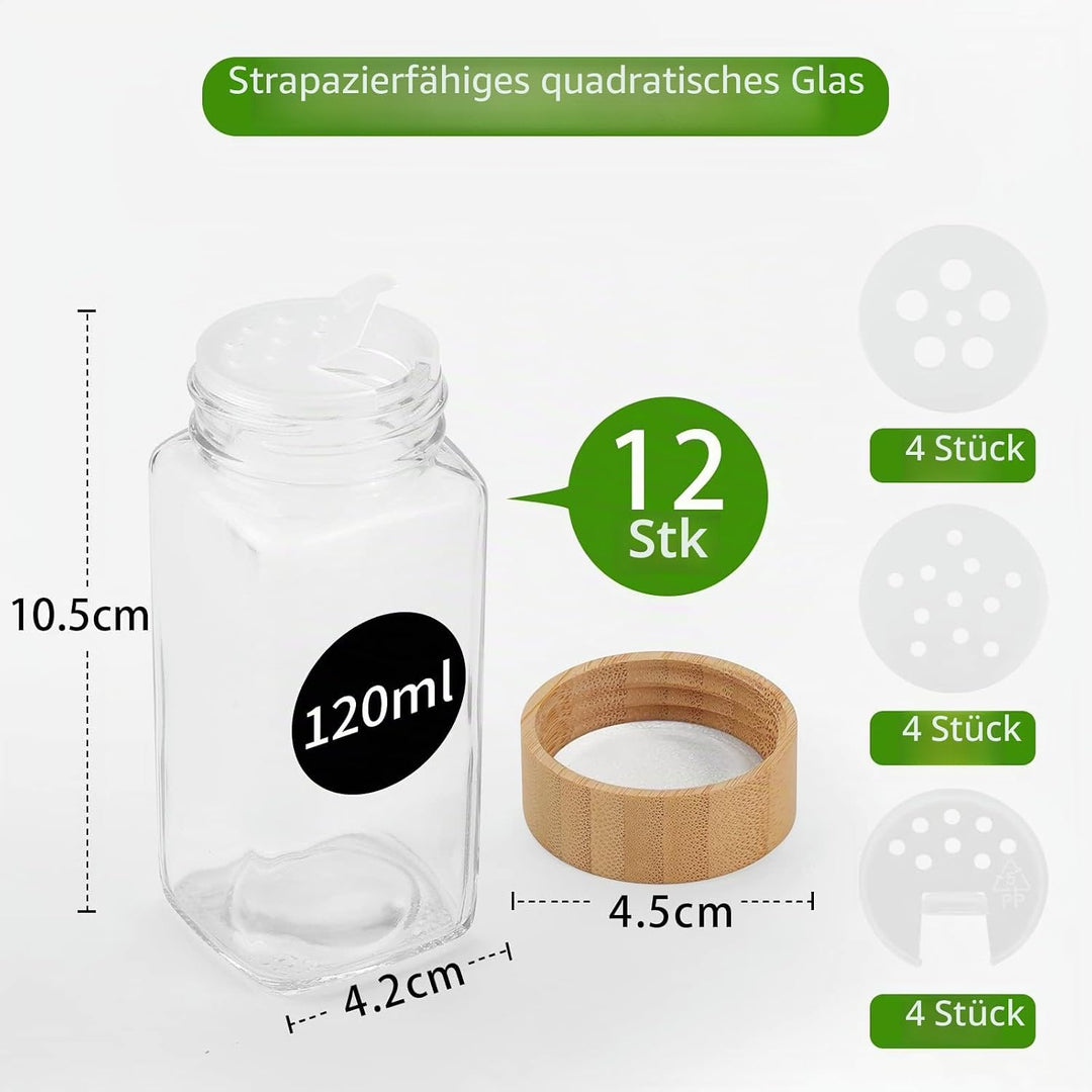 Withosent 12er Set Gewürzgläser Eckig mit Schraubkappe, 120ml Gewürzdosen mit Bambusdeckel, Gewürzst